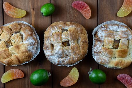 Sweet pastries on a wooden background.Sweet pastries on a wooden backgroundの写真素材