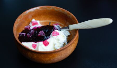 Tasty breakfast. Cottage cheese, sugar, jam, marmaladeの写真素材