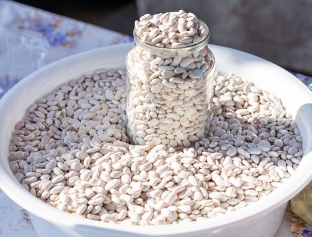 Beans on a counter for sale.Beans on a counter for sale.