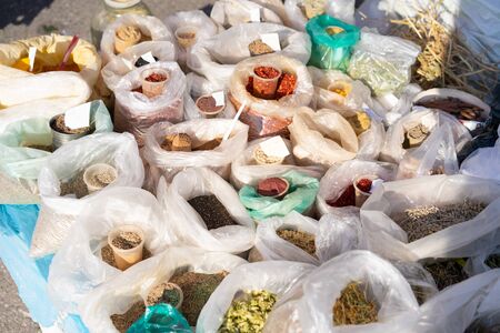 Spices and seasonings for sale.Spices and seasonings for saleの写真素材