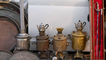 Vintage samovars at a fair for sale.Vintage samovars at a fair for saleの写真素材