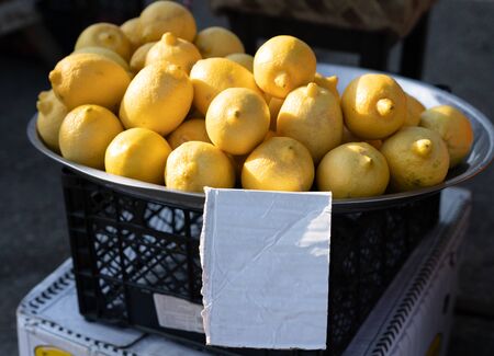 Lemons on a counter for sale.Lemons on a counter for saleの写真素材