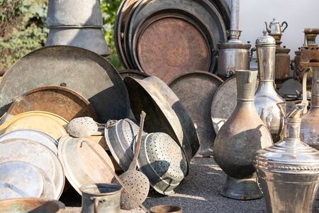 Antique iron goods for sale.Antique iron goods for saleの写真素材