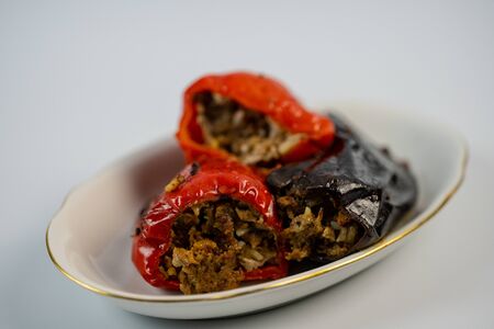 Tasty lunch, stuffed peppers and eggplant.Tasty lunch, stuffed peppers and eggplantの写真素材
