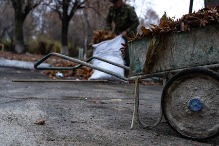 A man cleans and sweeps a yard.A man cleans and sweeps a yardの写真素材