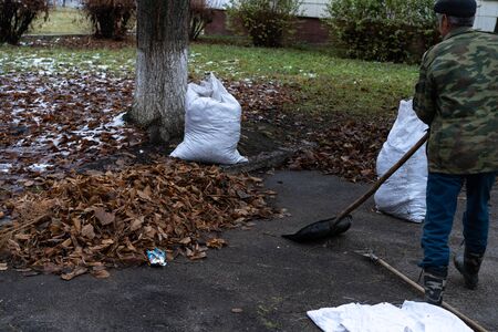 A man cleans and sweeps a yard.A man cleans and sweeps a yard