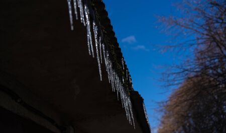 Icicles hanging from the roofの写真素材