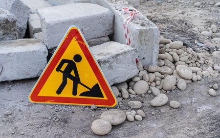 Road sign warning caution road repairの写真素材