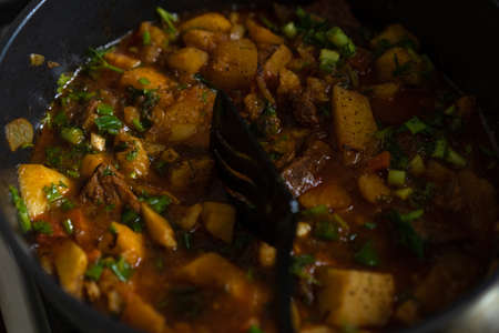 Cooked meat with potatoes in the form of sauceの写真素材