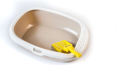 Pet toilet with spatula on white backgroundの写真素材