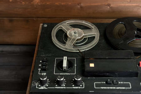Cassette cassette recorder on wooden background