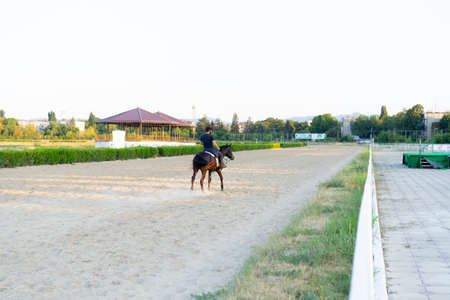 Man riding a horse at the racetrackの写真素材
