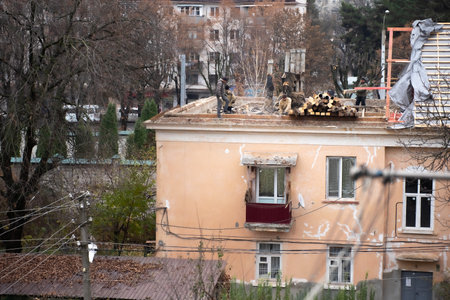 House roof repair. Creating a wooden roofの写真素材