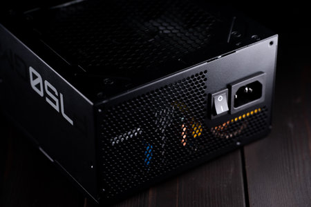 Computer power supply, on wooden backgroundの写真素材