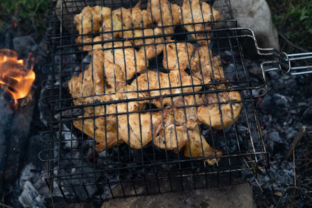 Pieces of meat are grilled on charcoalの写真素材
