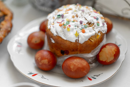 Painted eggs and Easter cakeの写真素材