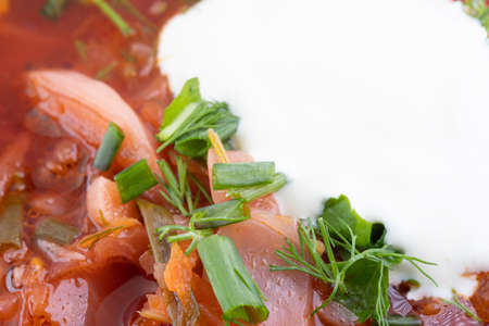Borscht with sour cream and herbsの写真素材