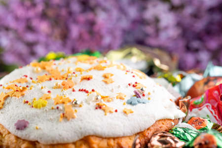 Easter cake with eggs and sweetsの写真素材