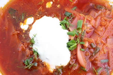 Borscht with sour cream and herbsの写真素材