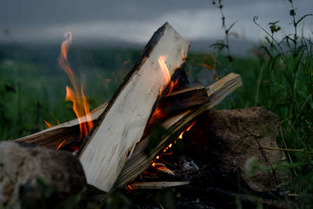 Making a fire from wooden logsの写真素材