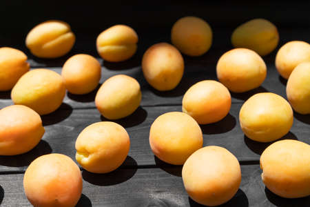 Ripe apricots on a wooden backgroundの写真素材