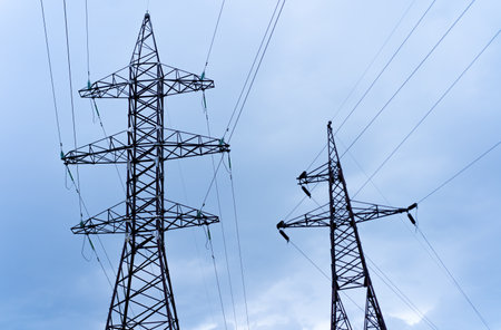 High voltage towers with wiresの写真素材