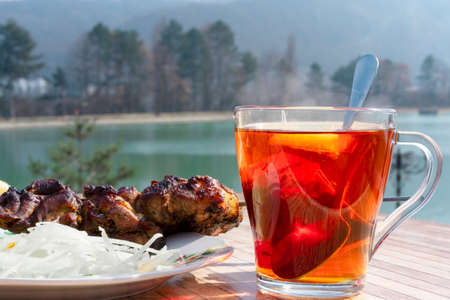 Delicious lunch and tea in natureの写真素材