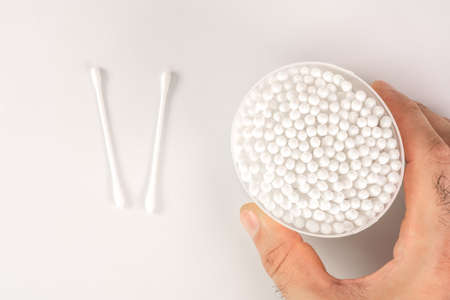Cotton buds on a white backgroundの写真素材