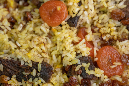 Pilaf with meat raisins and dried apricotsの写真素材