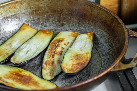 Pan-fried eggplant, sliced ââlengthwiseの写真素材