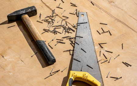Hammer nails and saw lie on the boardの写真素材