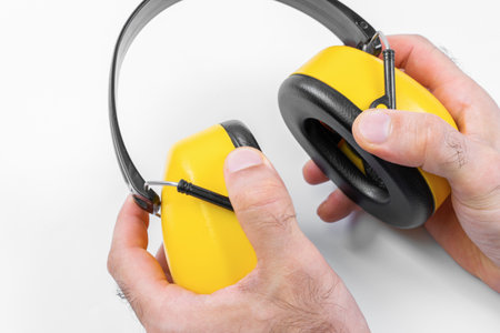 Construction headphones protecting against loud soundの写真素材