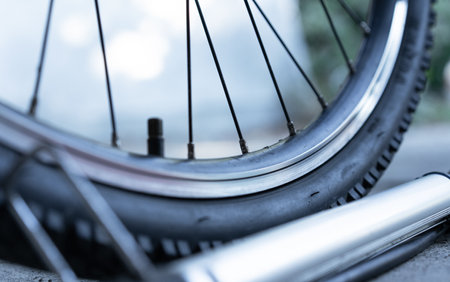 Bicycle wheel and inflation pumpの写真素材