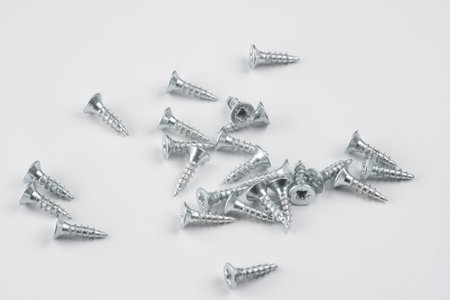 Self-tapping screws on a white backgroundの写真素材