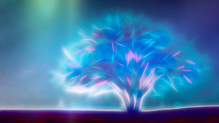 A luminous tree stands out with vibrant hues, showing shades of blue and pink. The background is hazy, creating a dreamy atmosphere during twilight in a tranquil environment.の写真素材
