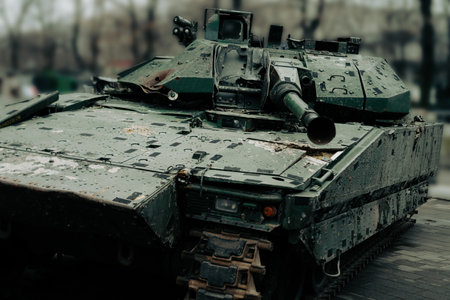 A military tank stands stationary in an urban area under overcast skies. Rainwater collects on its metallic surface, reflecting the city backdrop and adding to the somber atmosphere.の写真素材
