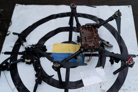 Various drone components are laid out on a large target design on the ground. Efforts to assemble or repair the device are evident, highlighting creativity and teamwork in technology.の写真素材