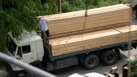 A worker secures freshly cut lumber loaded on a truck while others organize materials on the ground. The bright day emphasizes the busy construction environment.の写真素材
