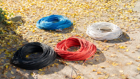 Bundles of colorful electric wires in blue, red, white, and black lie on the ground surrounded by vibrant yellow autumn leaves. The sun casts gentle light on the scene, enhancing colors.の写真素材