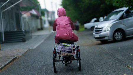 A person wearing a bright pink raincoat rides a tricycle along a tree-lined street. The surroundings are calm, and the overcast sky suggests a rainy day ahead.の写真素材