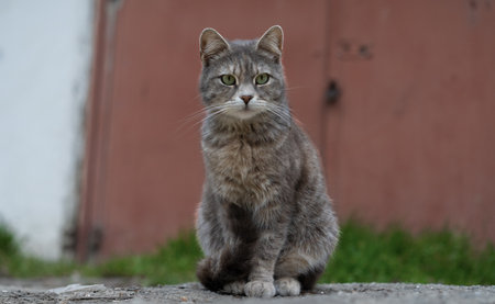 A gray cat with striking green eyes sits confidently on a stone pathway, surrounded by green grass and an old wooden structure in the background under bright daylight.の写真素材
