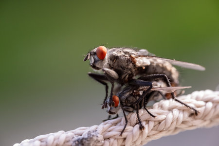 Two flies are seen mating on a thick rope. The background features soft bokeh, enhancing the focus on their intricate details. This moment captures the essence of nature's cycles.の写真素材
