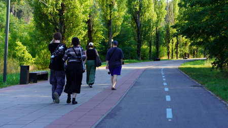 Four friends stroll down a paved pathway surrounded by lush green trees in the late afternoon. Their...