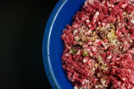 A vibrant blue bowl filled with a blend of fresh ground beef, showing a mixture of different meats and spices, ready for various culinary creations.の写真素材