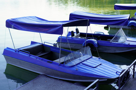 Five blue paddle boats are securely docked at the edge of a tranquil lake. The sun shines brightly,...