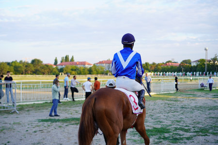 A jockey dressed in a blue and white uniform sits atop a brown horse, preparing for a race. Spectators gather around the track in the background under a clear sky.の写真素材