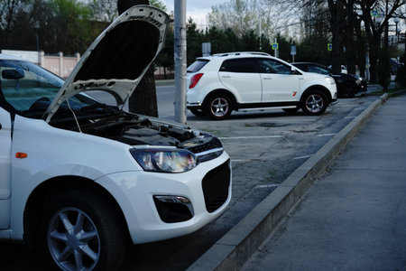 A white car stands on the roadside with its hood raised, indicating a possible mechanical issue. Another white SUV is parked nearby, surrounded by trees in the afternoon light.の写真素材