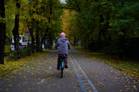 A person rides a bicycle along a quiet path surrounded by trees displaying vibrant autumn colors. Fallen leaves cover the ground as clouds hang overhead.の写真素材