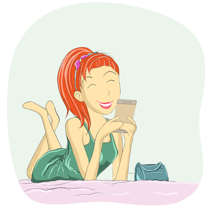 Lady happy with smartphoneのイラスト素材