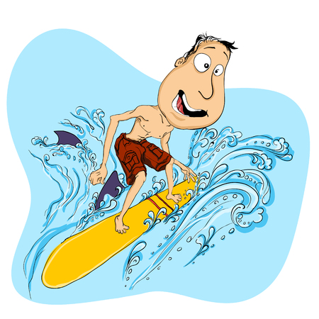Happy guy playing on surfboardのイラスト素材